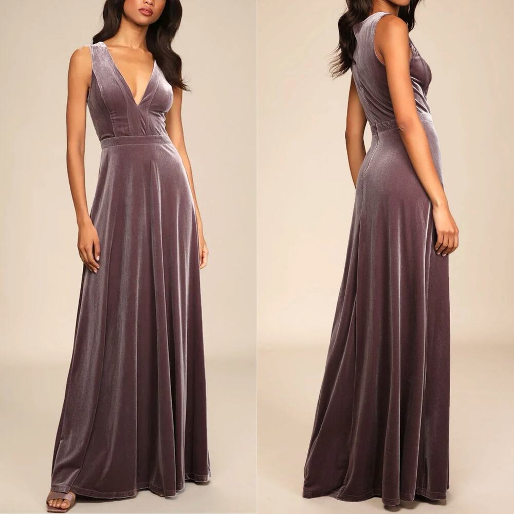 Lulu's Mauve Velvet V-Neck Maxi Dress